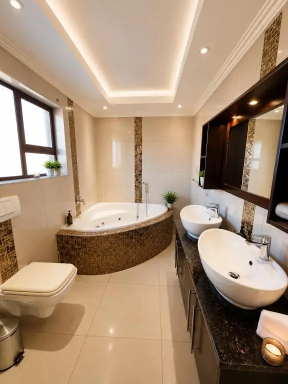 Spacious Ocean Walk bathroom with a corner bathtub, twin vessel basins and mosaic tile finishes