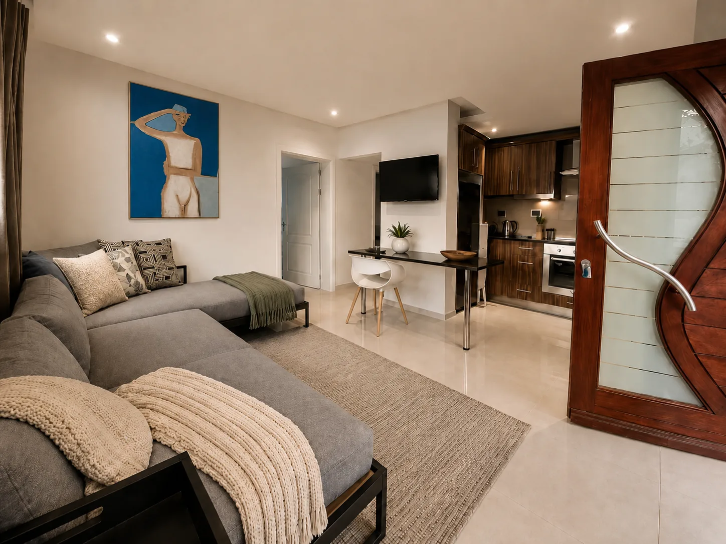 Contemporary Ocean Walk living room with sectional sofa, television, breakfast counter and open-plan kitchen