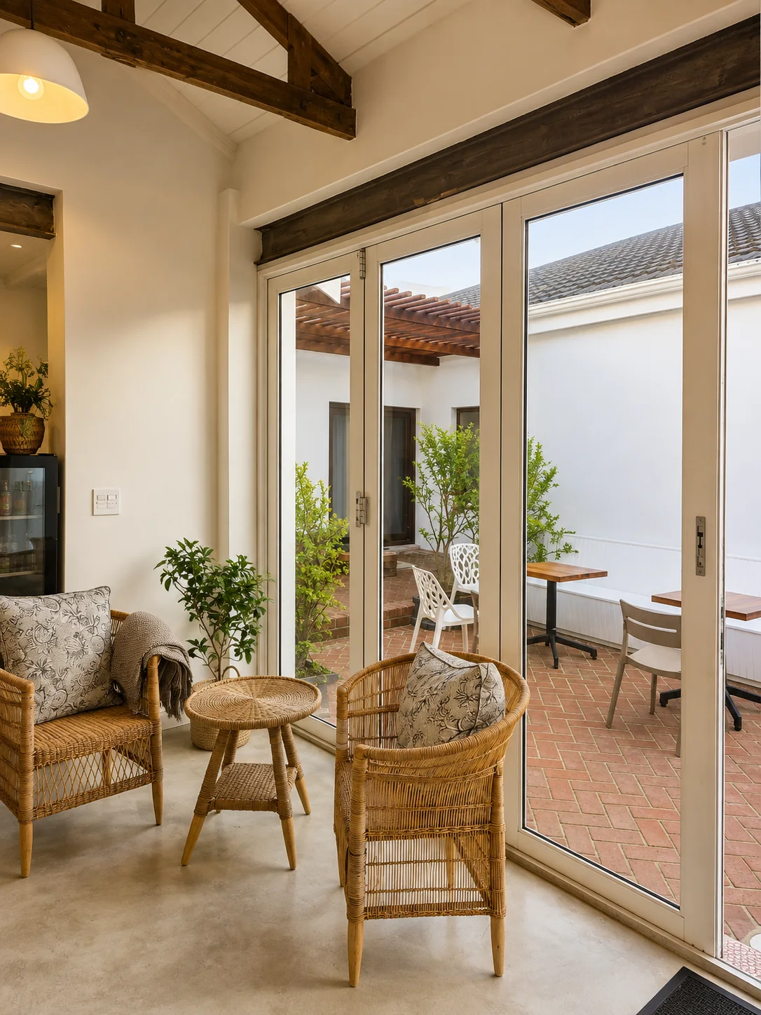 Indoor wicker seating area overlooking the restaurant patio and outdoor courtyard