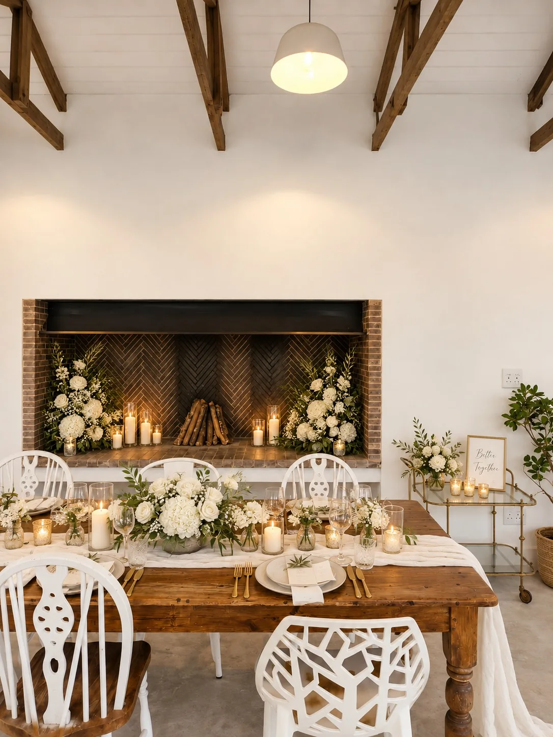 beach-collection-candlelit-wedding-table-fireplace Rustic wedding table set with white flowers, candles and gold cutlery in front of a decorated fireplace.