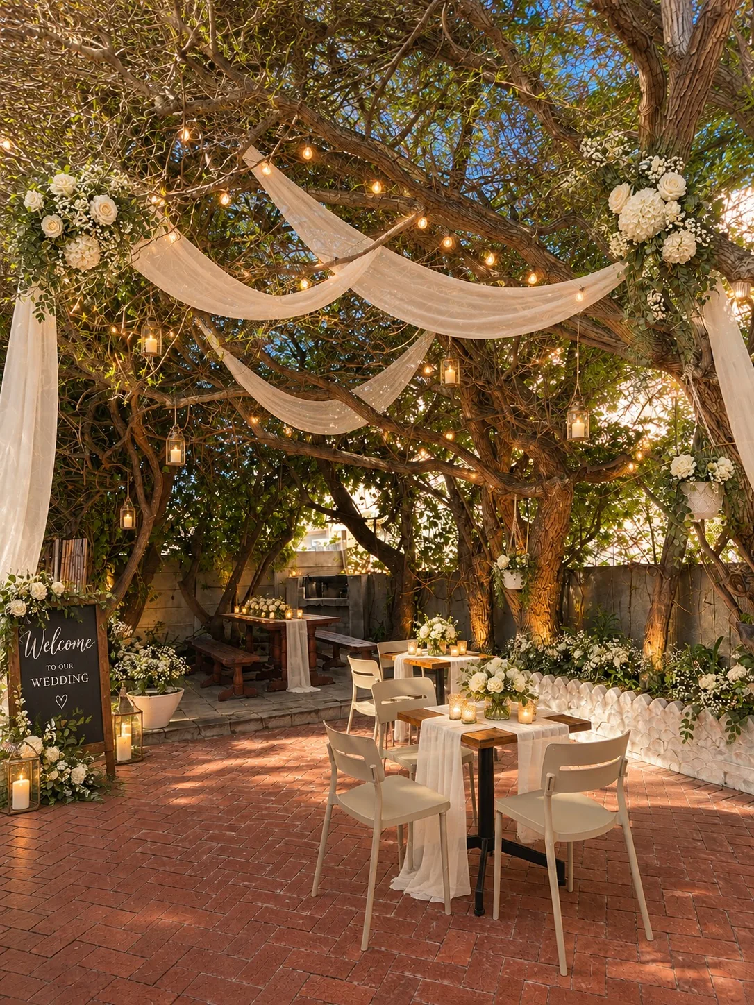 beach-collection-garden-wedding-cocktail-area Garden wedding cocktail area decorated with white draping, flowers, lanterns and string lights beneath leafy trees.
