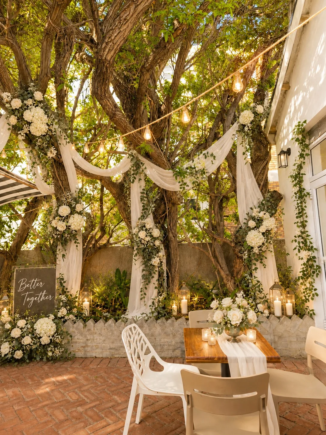 beach-collection-garden-wedding-floral-backdrop Garden wedding backdrop with white draping, floral arrangements, candles and string lights beneath mature trees.