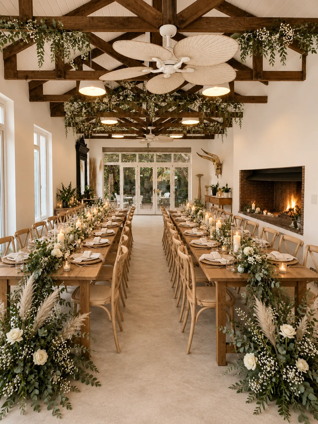 beach-collection-indoor-wedding-reception-dining-room Indoor wedding reception dining room with long wooden tables, white flowers, candles, exposed beams and a lit fireplace.