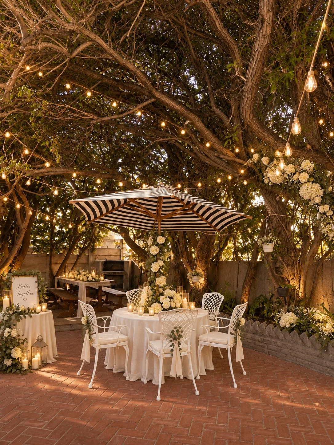beach-collection-intimate-garden-wedding-reception Intimate garden wedding table with white flowers, candles and a striped umbrella beneath warm string lights.