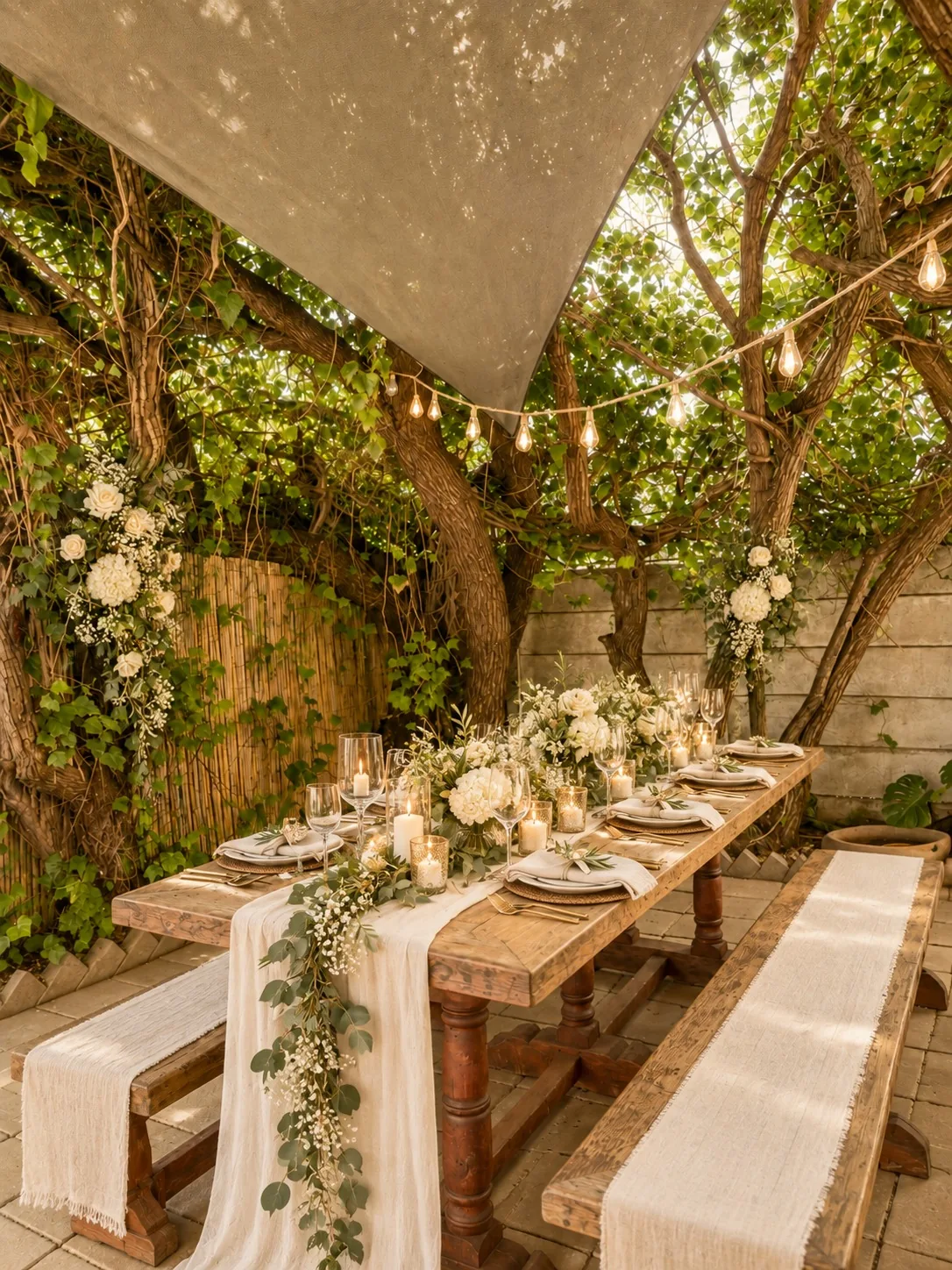 beach-collection-outdoor-wedding-banquet-table Long outdoor wedding banquet table with white flowers, candles and rustic benches beneath a leafy tree canopy.