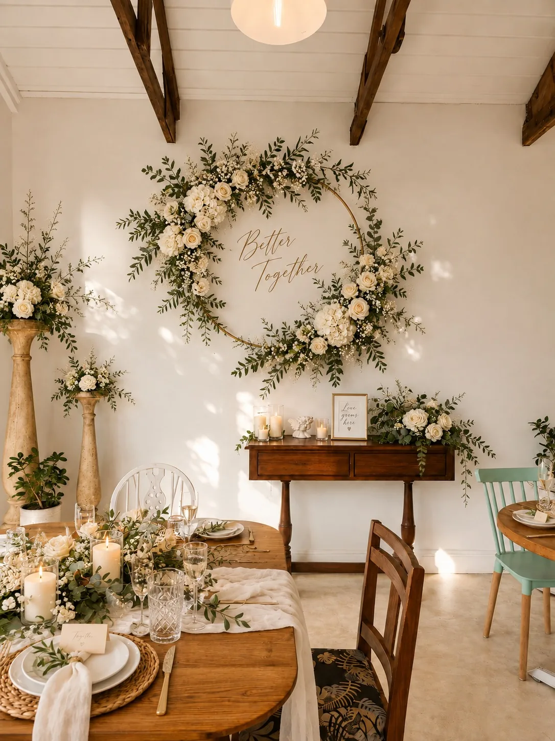 beach-collection-wedding-floral-photo-backdrop Rustic wedding table set with white flowers, candles and gold cutlery in front of a decorated fireplace.