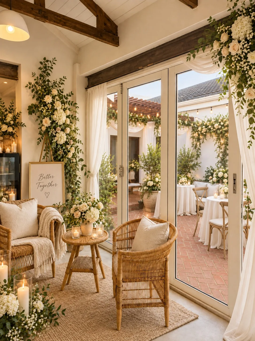 beach-collection-wedding-lounge-and-courtyard Wedding lounge with wicker chairs, candles and white flowers overlooking a decorated courtyard reception area.