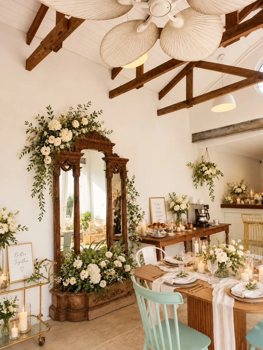 beach-collection-wedding-venue-floral-reception-decor Wedding reception decor with a carved wooden mirror, white flowers, candlelit table settings and a coffee station.
